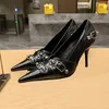 2023 Belt Buckle Rhinestone Decoration Formal Shoes Women's Leather Pointed Thin High-heeled Shoes Party Black Luxury Designer 9cm Pumps High