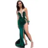 2023 Splendidi abiti da sera a sirena con perline scollo profondo spacco laterale in velluto strass abiti da ballo Sweep Train Plus Size formale W2013