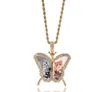 14K Gold Custom Made Memory Picture Photo Pendant Necklace Iced Butterfly Charm with 24" Rope Chain Necklace Zircon Bling Men Women Hip hop Rock Jewelry