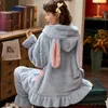 Kvinnors sömnkläder Kvinnor Pyjama Set Kawaii Zip-up Patchwork Cartoon Ruffles Hooded Plus Velvet Chother Coral Fleece Homewear Studenter Outwear Chic 221124