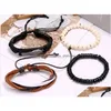 Charm Bracelets Mans Cowe Leather Bracelet Diy Hand Woven Mtilayer Alloy Wings Wood Bead Combination Suit Size Adjusted 4Styles/1Set Dhsyu