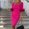 Casual Dresses Autumn Solid Chest Wrap Mini Pencil Dress Spring Half Sleeve Knitted Dress Elegant Slash Neck Feather Patchwork Slim Party Dress 221126