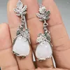 Dangle Earrings Vintage Water Droplets White Stone Silver Color Metal Carved Leaves Long For Women