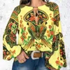 Women's Blouses Women Shirt Colorful Print Long Sleeves Crew Neck Rich Colors Retro Loose Pullover Ethnic Style Round Blouse Clothes