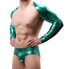 Herr t -skjortor man svart faux lädermask män skörd toppar gay sexig nylon spandex långa ärmar brottning inga byxor inkluderade