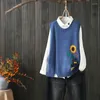 Women's Sweaters Literary Embroidery Sunflower Girls Pattern Vest Knitted For Women Sleeveless Tops Waistcoats Casual O-Neck Pullovers