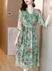 Robes décontractées Vert Floral Vintage Summer Mulberry Robe en soie pour femmes Tuniques Midi Élégante Mode coréenne Casual Party Maxi Robes 221126