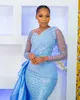 Aso Ebi Crystalls Crystalls Beadered Promply Promply Long для женщин Sky Blue Sequined кружев Формальная вечерняя вечеринка второй прием с днем ​​рождения обручальные платья платья на заказ