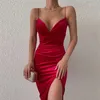 Casual Dresses Velvet Women Dress Solid Strap Midi Ruched High Slit Bodycon Sexy Streetwear Party Elegant 2022 Summer Festival