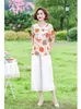 Women's Tracksuits Women Sets 2 Pieces Chiffon Print Blouses Large Size Clothing Summer Middle Aged Mother Floral Printed Blusas Tops Pants