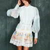 캐주얼 드레스 2022 여름 패션 레이스 스탠드 칼라 칼라 긴 소매 불규칙한 인쇄 복장 트렌드 디자인 짧은 치마