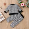 Kl￤derupps￤ttningar Eleganta babyflickans toppar Set L￥ng￤rm Houndstooth M￶nster V Neckknappad elastisk midja Pants Kids 221125