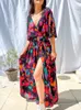 Casual Dresses Women's Boho Maxi Dress Fall Fashion Print Deep Vneck Short Sleeve Sashes High Split Prom Dresses Women Robe Streetwear 221126