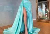 Turquoise Plus La Taille Robes De Bal Manches Longues Pour Les Femmes Sexy Chérie Satin Balayage Train Haut Côté Split Princesse Formelle Soirée Porter Des Robes De Soirée Sur Mesure