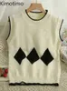 Women's Sweaters Kimotimo Colorblock Argyle Plaid Knitted Vest Women 2022 Autumn Round Neck Loose Sweater Korean Chic Overlap Vest Sweater J220915