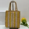 7A Quality Design Women Tote Borse da spiaggia in paglia Borsa a tracolla in rafia fatta a mano albicocca Borse da viaggio estive Stampa di lettere nere Borse moda a triangolo Scava fuori