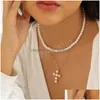 Pendant Necklaces Pearl Cross Jesus Pendant Necklace For Women Wed Bridal Elegant Bead Chain Christian Jewelry Accessories Drop Deli Dhb9H