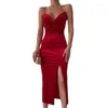 Casual Dresses Velvet Women Dress Solid Strap Midi Ruched High Slit Bodycon Sexy Streetwear Party Elegant 2022 Summer Festival