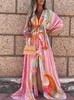 Casual Dresses Bikini Cover Ups Boho Print för kvinnor Summer Bohemian Beach Sundress Sexig Floral Tunic Long Dress Feminino 221126