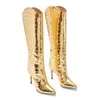 Stiefel Mode Damenschuhe Spitze Zehen Stilettos Heels Sexy Elegante Damen Slip-on Gold Kniehohe Stiefel 220906