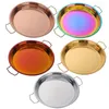 Plates 1 Pcs Stainless Steel Round Dinner Plate With Double Ear Handle Cake Bread Fruit Serving Tray Steak Dish BBQ Grill Dishes