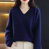 Women's Sweaters RONGYI 100 Wool Women's VNeck Loose Pullover Sweater Thickened Warm AutumnWinter Solid Color Casual Top 221128