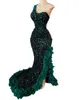 African Emerald Green Prom Dresses Sexy Gillter Beaded Sequins Aso Ebi Celebrity Feathers Mermaid evening Party Gown