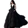 Puffy Tiered Black Tulle Prom Dresses V-Neck Sleeveless Backless Sexy Evening Gowns A-Line Women Engagement Dress Custom Made 2023 Special Occasion Wear