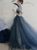 Fancy Evening Dress Ruffled Sleeves Illusion Buttons Back Long Prom Gowns Shining Tulle Fabric