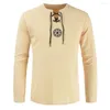 Men's Casual Shirts 2022 Unique Design Vintage Style Men Plus Size Ancient Viking Embroidery Lace Up V Neck Long Sleeve T-Shirt Top Trendy