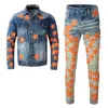 Diseño de color en contraste Chándales Agujeros rasgados Conjuntos de jeans para hombres Primavera Otoño Parche de estrella Chaqueta de mezclilla de manga larga Pantalones pitillo elásticos a juego