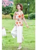 Women's Tracksuits Women Sets 2 Pieces Chiffon Print Blouses Large Size Clothing Summer Middle Aged Mother Floral Printed Blusas Tops Pants