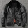 Hommes cuir Faux Air Force vol veste col en fourrure véritable couche supérieure peau de vache hommes noir manteau hiver 221124