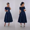 2023 Elegent House Of Mooshki Mother of The Bride Dress Short Sleeve Applique Crystal Ruched Wedding Guest Dresss Tea Length Evening Gown GB1128