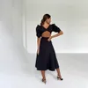 Casual Dresses Burses Sexig O Neck Backless Midi Party Dress Summer Elegant Puff Sleeve A Line Solid Folds Night Club Dresses for Women 221126