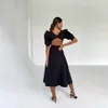 Vestidos informales Churses Sexy O Cuello Sin espalda Vestido de fiesta midi Verano Elegante Manga de soplo Una línea Pliegues sólidos Vestidos de club nocturno para mujeres 221126