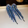 Kolczyki Dangle Fyuan Long Tassel Drop for Women Blue Rhinestone Fashion Jewelry Akcesoria