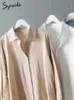 캐주얼 드레스 Syiwidii 여성을위한 긴 흰색 셔츠 드레스 리넨 코튼 여름 가을 한국 의류 빈티지 대형 미디 가운 221125
