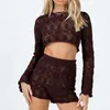 Women's T Shirts Gaono Beach Holiday Bohemian Knitted Two Piece Set Ouftits Long Sleeve Hollow Out Crop Top Pullovers Slim Fit Short