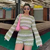 Women's T Shirts Gaono Beach Holiday Bohemian Knitted Two Piece Set Ouftits Long Sleeve Hollow Out Crop Top Pullovers Slim Fit Short