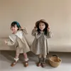 女の子のドレスベビーガールズカジュアル格子縞の服サマー韓国コットンリネンプリンセスビッグターンダウンカラー221125