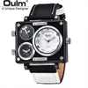 Montres-bracelets Oulm 3595 vert montres hommes haut tissu grande taille horloge à Quartz 3 fuseau horaire mâle Sport montre Relogio Masculino