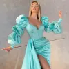 Turquoise Plus Size Prom Dresses Long Sleeves for Women Sexy Sweetheart Satin Sweep Train High Side Split Princess Formal Evening Wear Party Gowns Custom Made