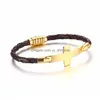 Charm Bracelets Goldcolor Stainless Steel Cross Bracelets Bangles For Men Pu Leather Hand Chain Drop Delivery Jewelry Dhm7B