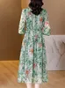 Robes décontractées Vert Floral Vintage Summer Mulberry Robe en soie pour femmes Tuniques Midi Élégante Mode coréenne Casual Party Maxi Robes 221126