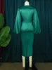 Vestidos de festa de manga longa Bodycon Green Bodycon Cetim Smocked Midi Dress Midi Size Big Size Big Size Shiny Night Christmas Church Roupfits 221128