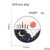 핀 브로치 만화 라운드 골드 세이어 도금 브로치 여성 페인트 옷깃 핀 재미있는 마운틴 피크 달 태양 낮과 밤 배지 dhqdx