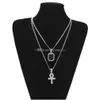 Anhänger Halsketten Hip Hop Schmuck Ägyptische Große Ankh Schlüssel Anhänger Halsketten Sets Mini Quadrat Rubin Saphir Mit Kreuz Charme Kubanischen li Dh4Of