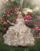 New 2023 Flower Girl Dresses For Weddings Jewel Neck Champagne Puffy Ruffles Tiered Floral Little Kids Baby Gowns First Communion Dresses GB1128