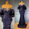 2022 Plus Size Arabisch Aso Ebi Luxuriöse Spitze Perlen Ballkleider Memraid Sexy Marineblau Abend Formale Party Zweite Empfangskleider Kleid wly935